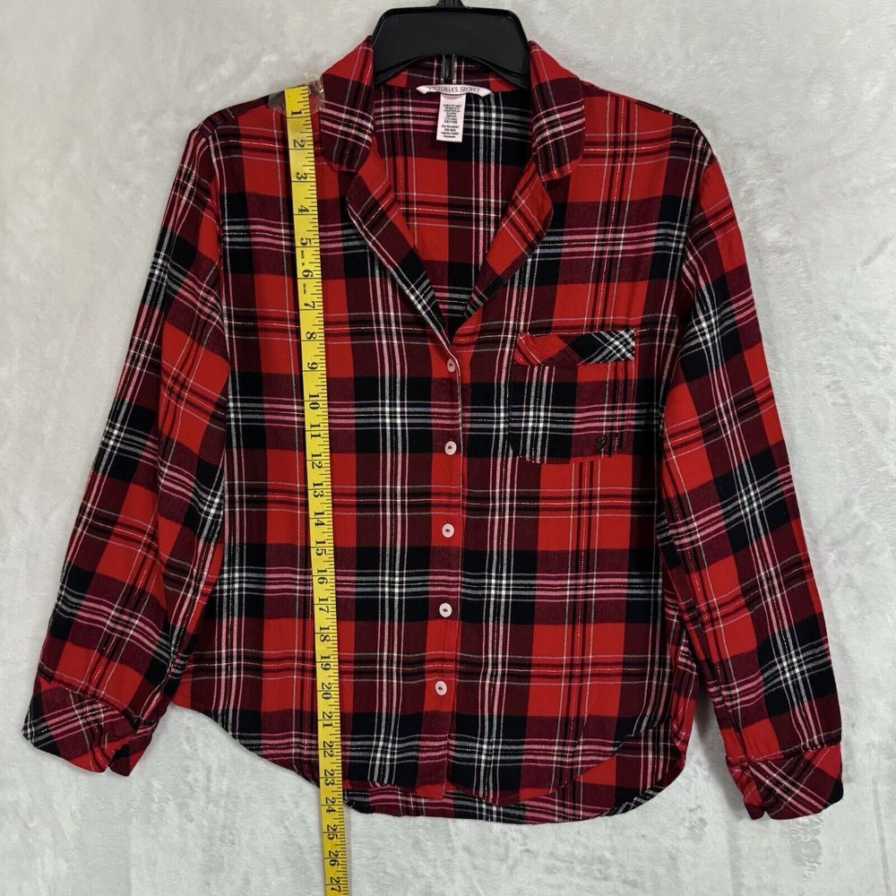 Victoria's Secret Flannel Pajama Set Size XS Red Gold Long Sleeve Pants Pockets - Picture 8 of 16